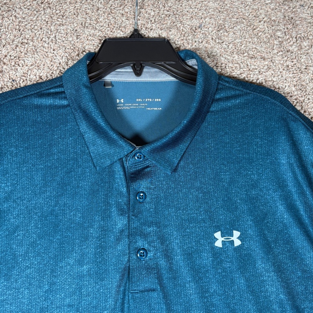 Under Armour Mens 2XL HeatGear Loose Fit Polo Shirt Teal Blue Textured